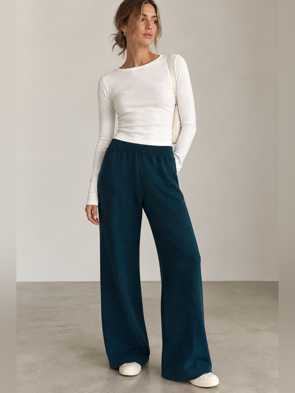 NEW! Women’s High-Rise Wide-Leg Knit Lounge Pants Joggers Teal Green Medium